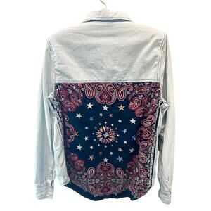 FREE PEOPLE Bandana Back Denim Button Down Shirt Light Wash Boho Western | Small